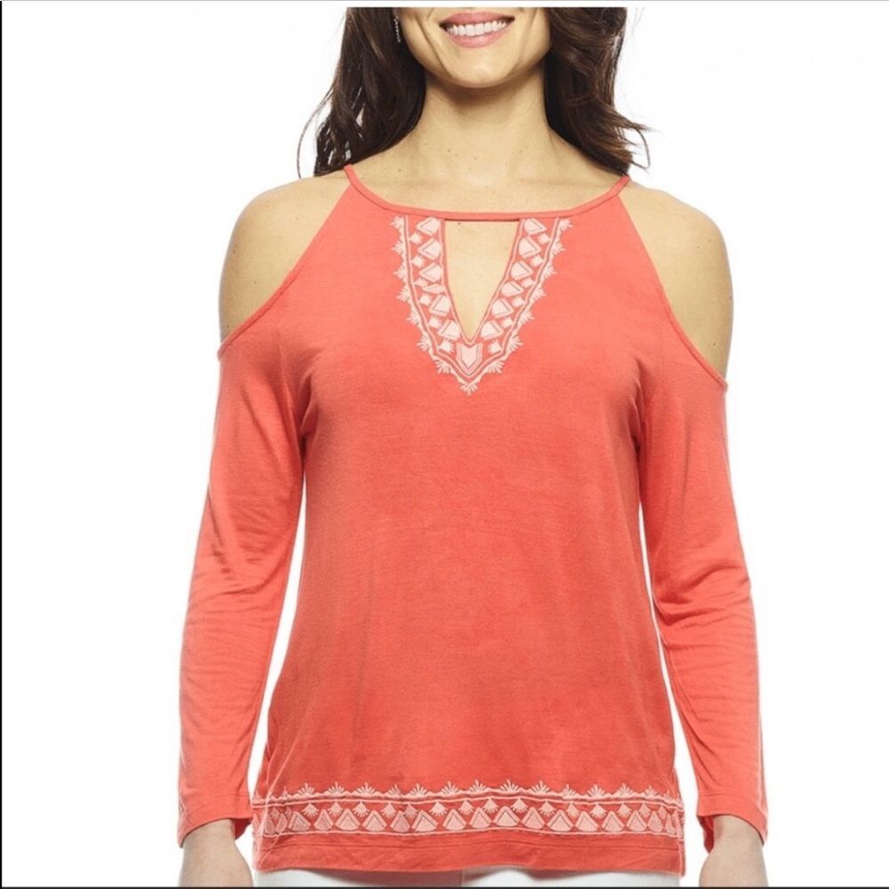 Margaritaville Coral Cold-Shoulder Tunic with White Embroidery